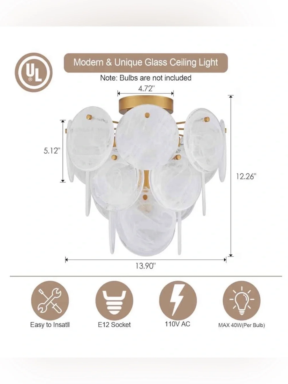 Modern Flush Mount Glass Ceiling Light, Gold Vintage Chandelier